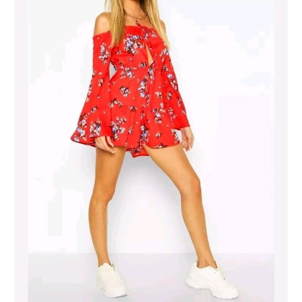 Boohoo Floral Off The Shoulder Ruffle Playsuit Sz 4